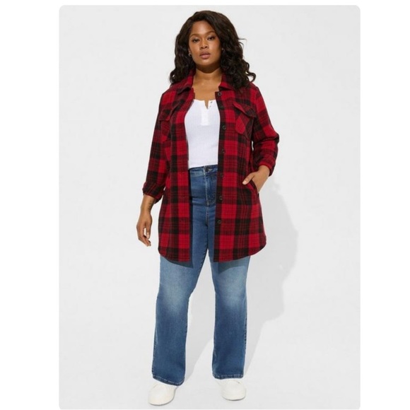 TORRID NWT Red Plaid Cotton Brushed Midi Shacket - Picture 2 of 6